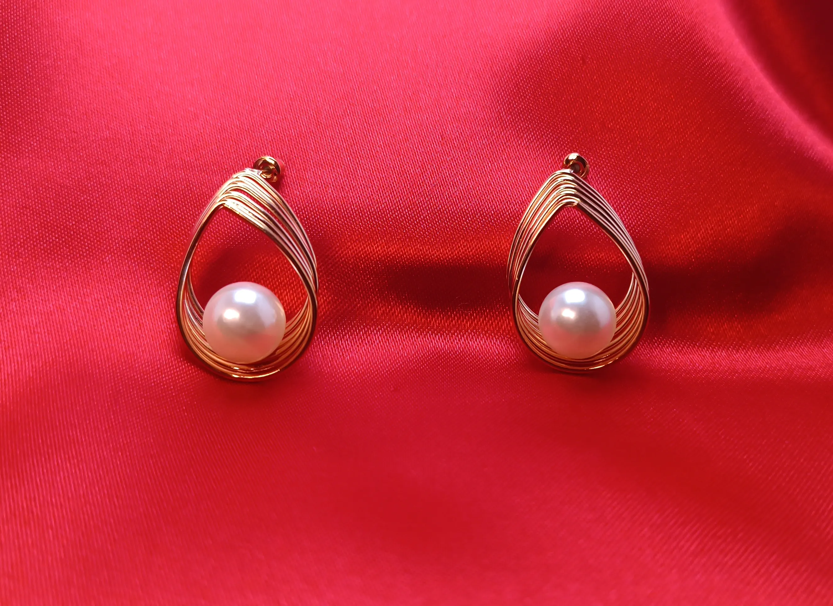 Gold Plated Spiral Teardrop & Pearl Earrings – Elegant Architectural Studs